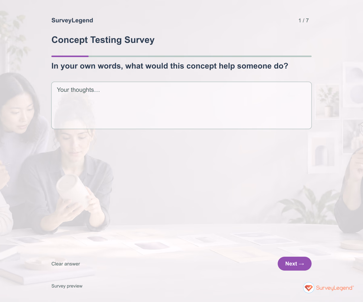 Preview of the Concept Testing Survey demo showing its first question and answer choices