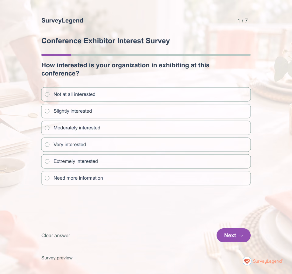 Preview of the Conference Exhibitor Interest Survey Template demo showing its first question and answer choices