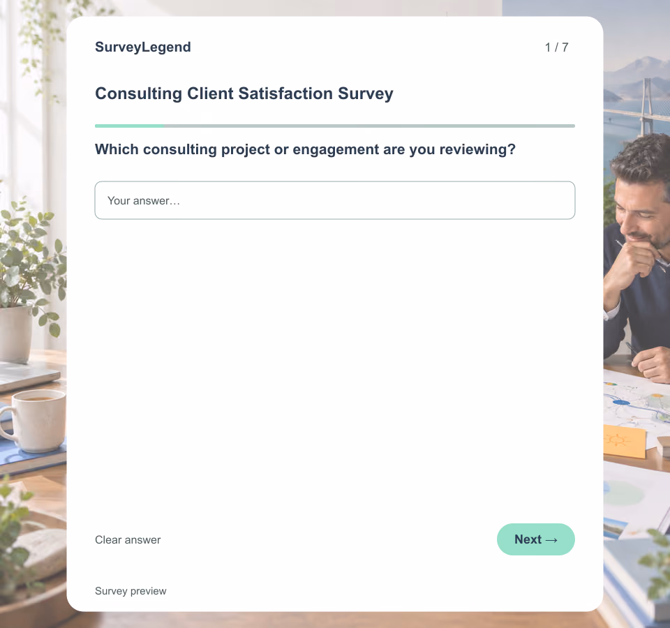 Preview of the Consulting Client Satisfaction Survey Template showing its first question and answer choices