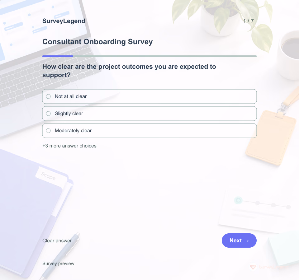 Preview of the Consultant Onboarding Survey Template showing its first question and answer choices