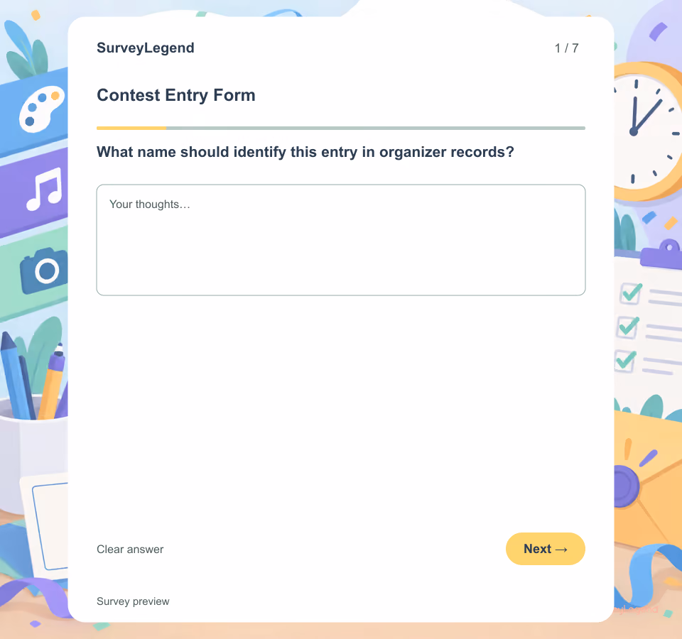 Preview of the Contest Entry Form Template showing its first question and answer choices