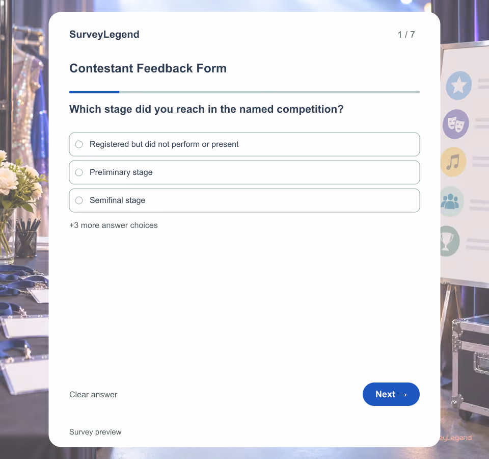 Preview of the Contestant Feedback Form Template showing its first question and answer choices