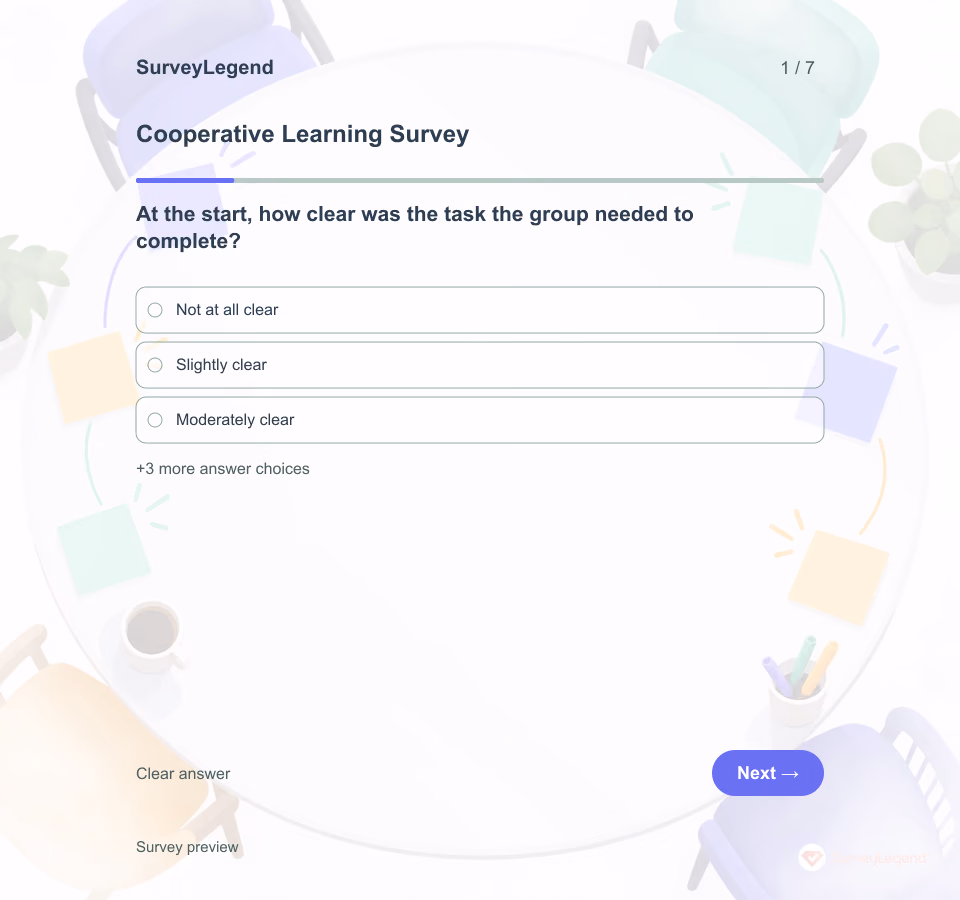 Preview of the Cooperative Learning Survey Template showing its first question and answer choices