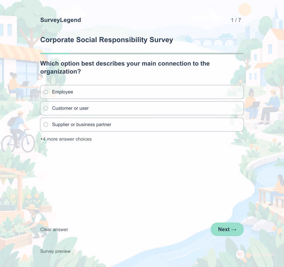 Preview of the Corporate Social Responsibility Survey Template showing its first question and answer choices