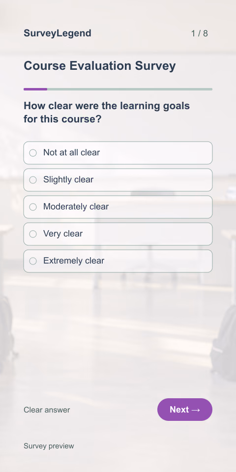 Course Evaluation Survey: first question and response field, mobile preview