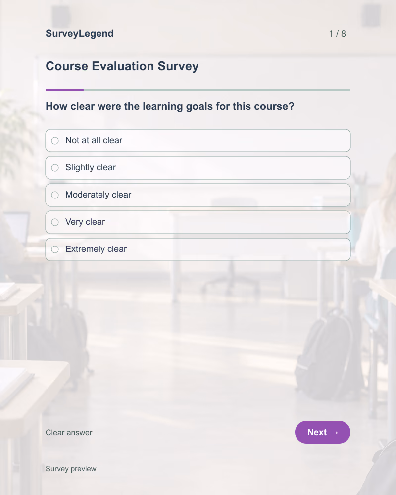 Course Evaluation Survey: first question and response field, tablet preview