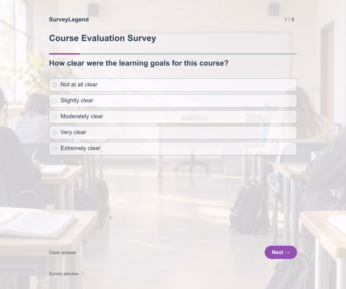 Preview of the Course Evaluation Survey demo showing its first question and answer options