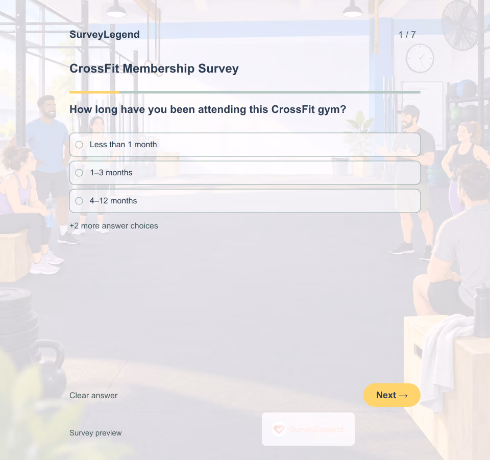 Preview of the CrossFit Membership Survey Template showing its first question and answer choices