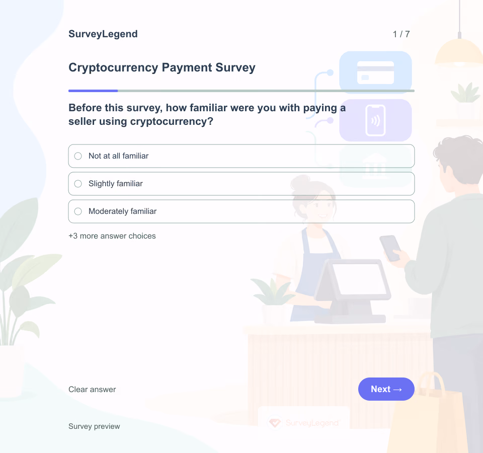 Preview of the Cryptocurrency Payment Survey Template showing its first question and answer choices