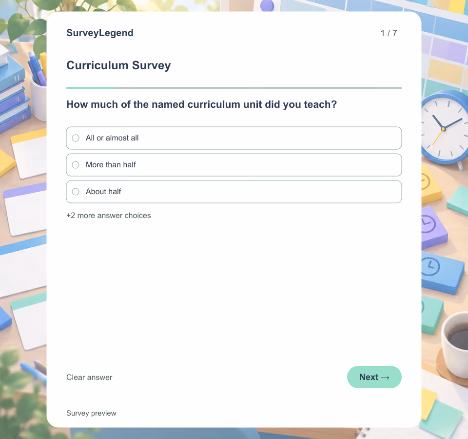 Preview of the Curriculum Survey Template showing its first question and answer choices