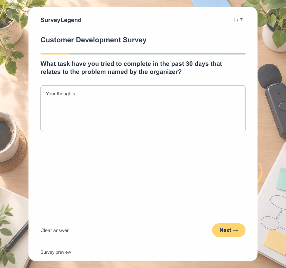 Preview of the Customer Development Survey Template showing its first question and answer choices