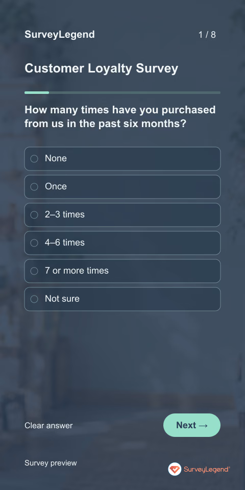 Customer Loyalty Survey: first question and response field, mobile preview