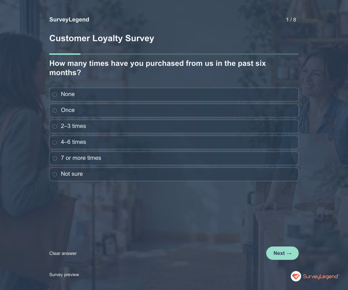 Preview of the Customer Loyalty Survey demo showing its first question and answer choices
