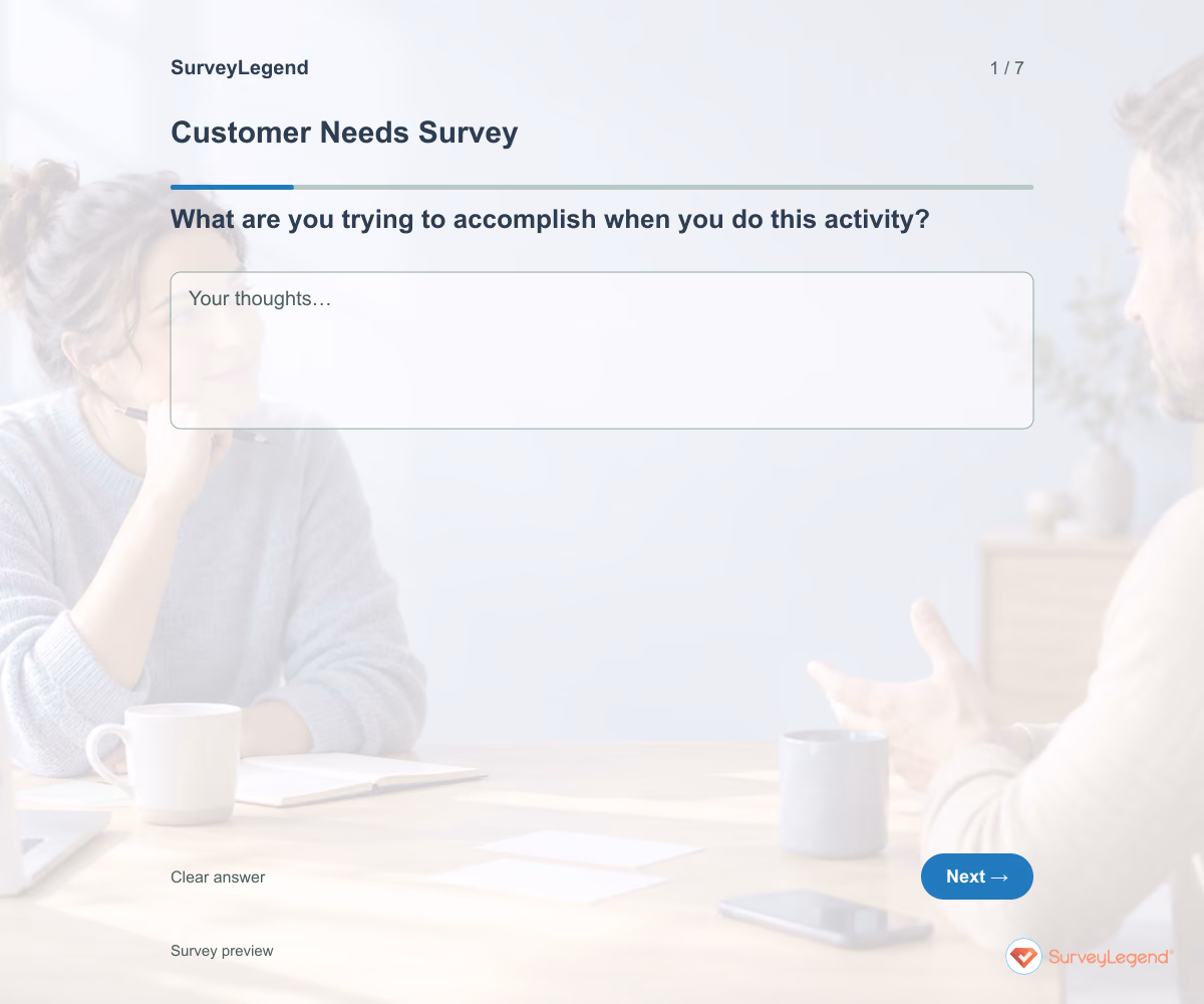 Preview of the Customer Needs Survey demo showing its first question and answer choices