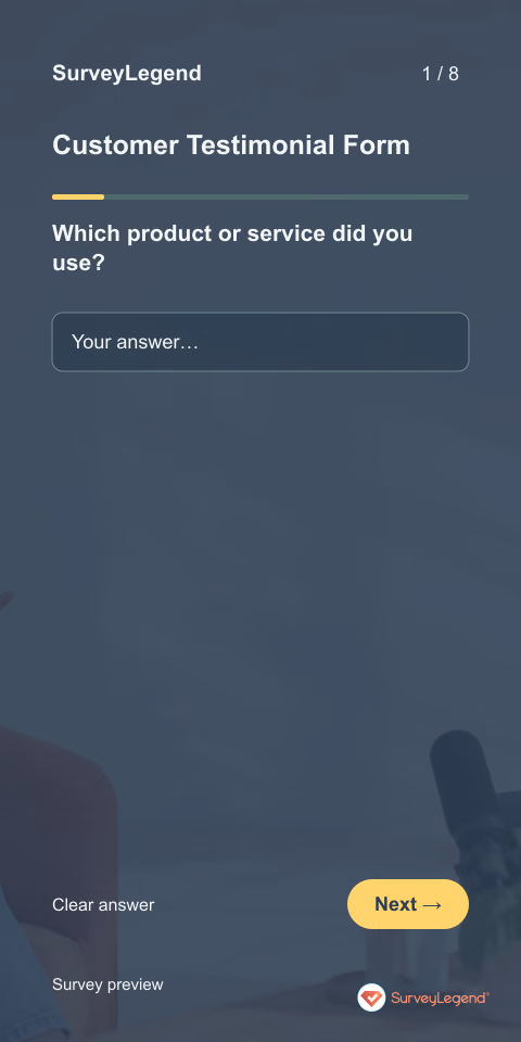 Customer Testimonial Form: first question and response field, mobile preview