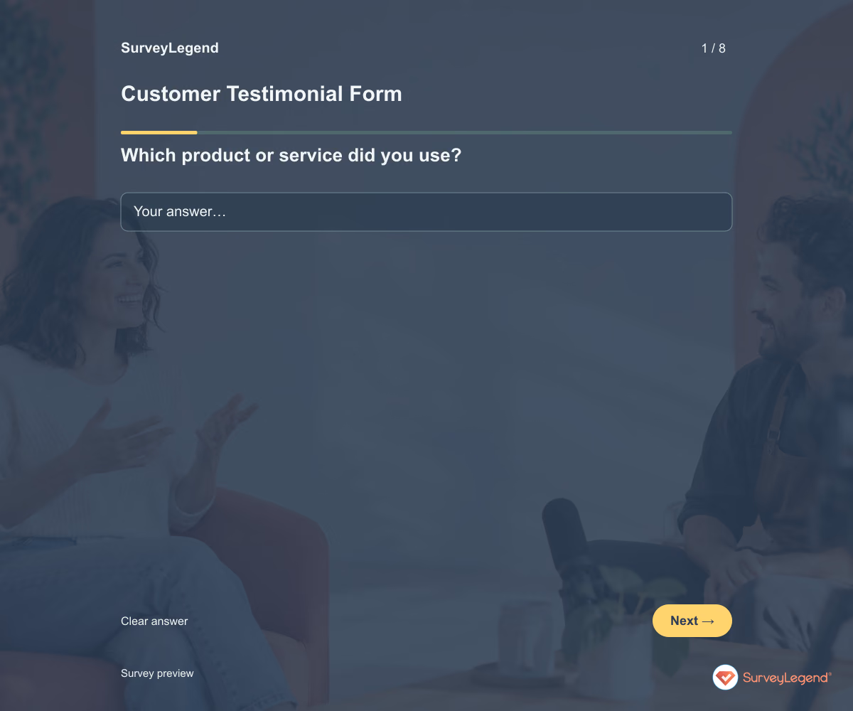 Preview of the Customer Testimonial Form demo showing its first question and answer choices