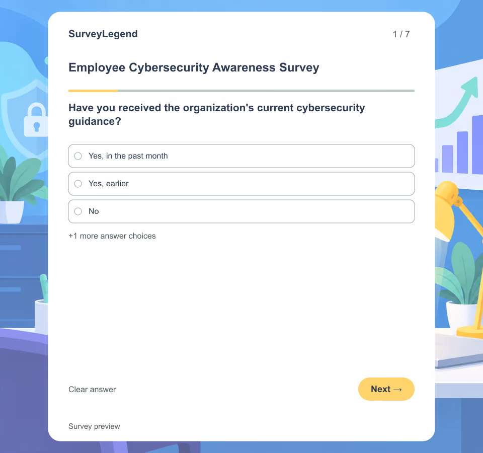 Preview of the Employee Cybersecurity Awareness Survey Template showing its first question and answer choices