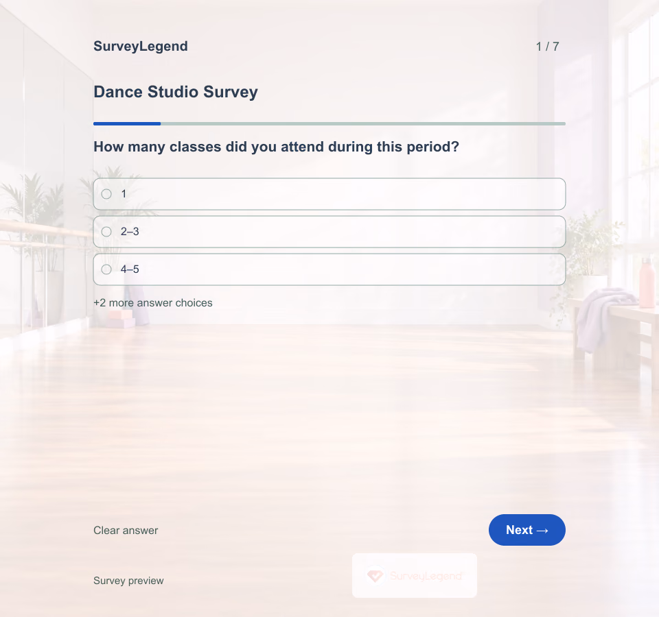 Preview of the Dance Studio Survey Template showing its first question and answer choices