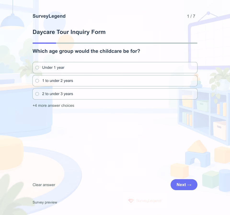 Preview of the Daycare Tour Inquiry Form Template showing its first question and answer choices