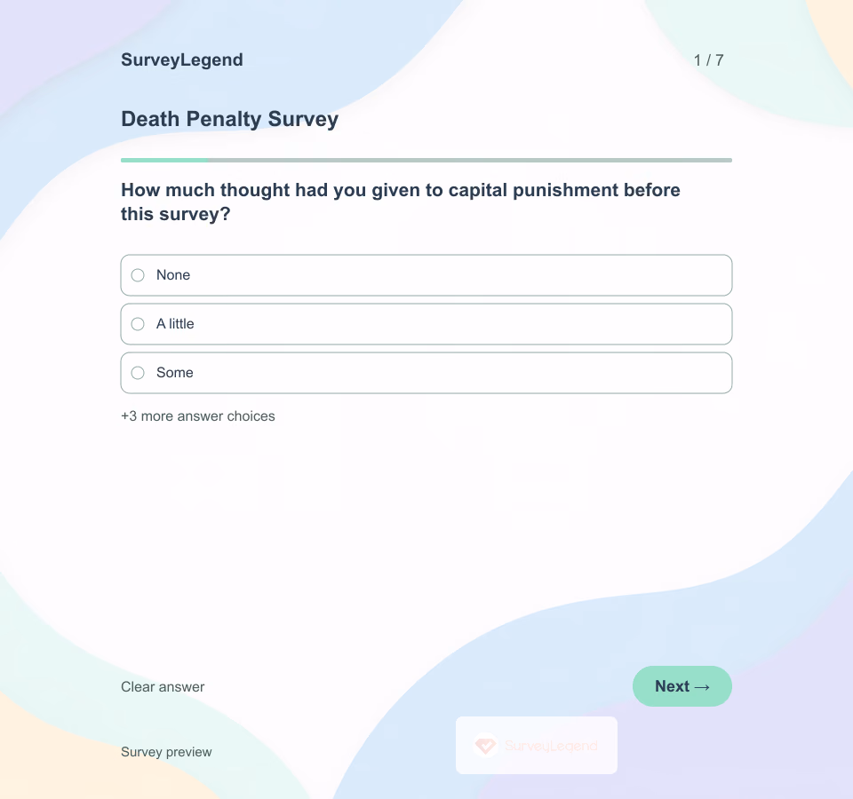 Preview of the Death Penalty Survey Template showing its first question and answer choices