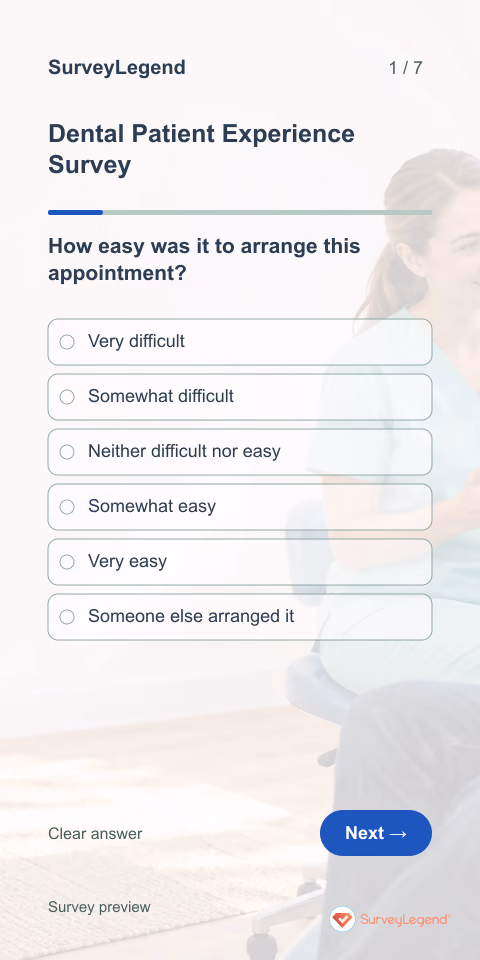 Dental Patient Experience Survey: first question and response field, mobile preview