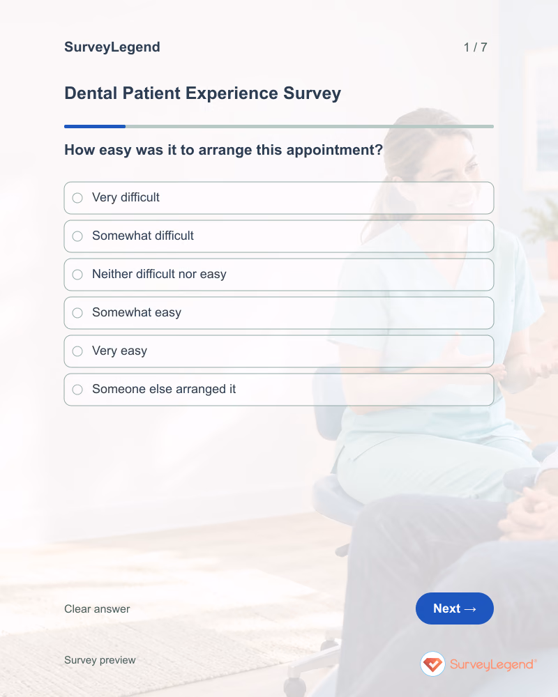 Dental Patient Experience Survey: first question and response field, tablet preview