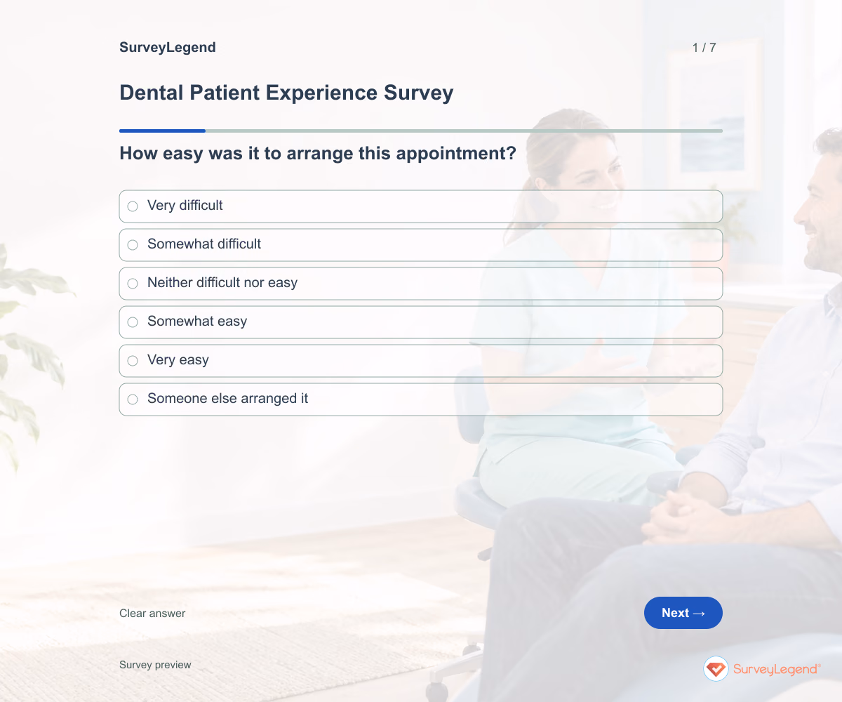 Preview of the Dental Patient Experience Survey demo showing its first question and answer choices