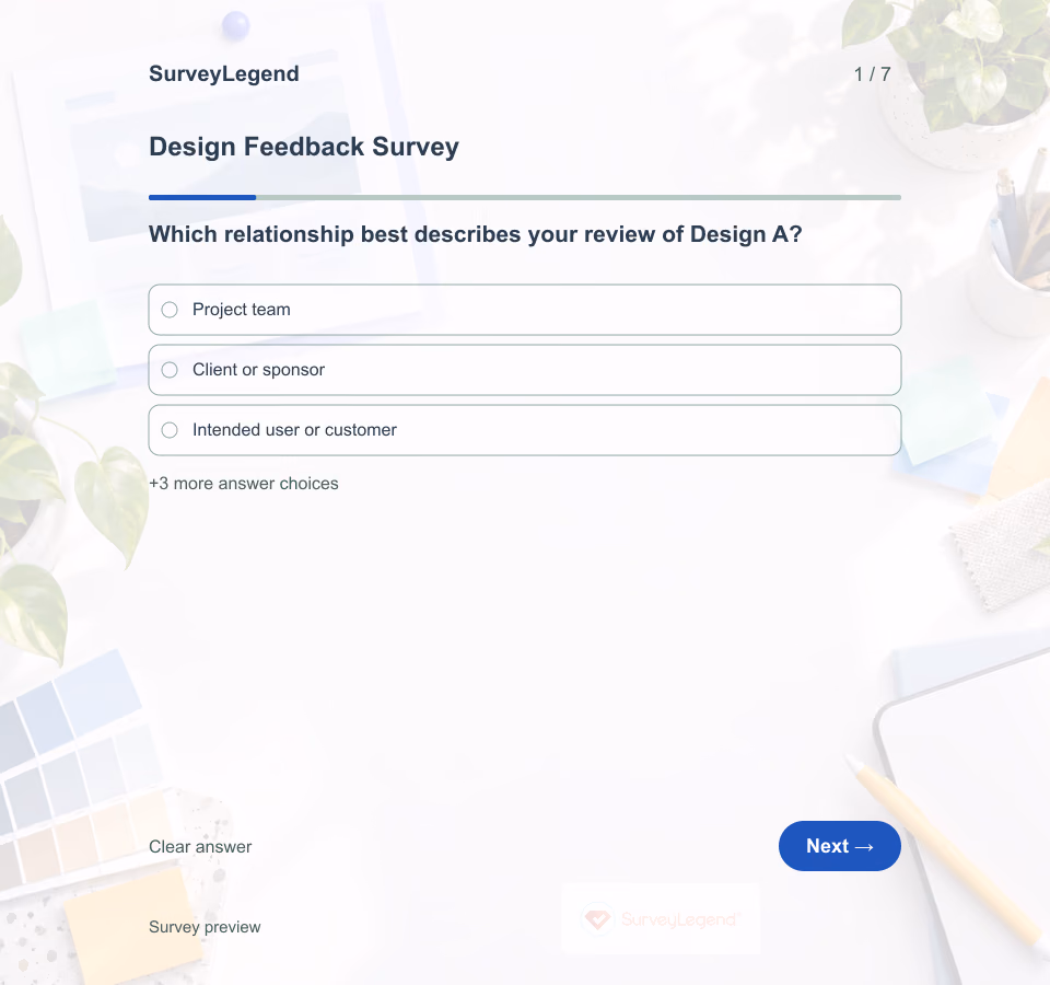 Preview of the Design Feedback Survey Template showing its first question and answer choices