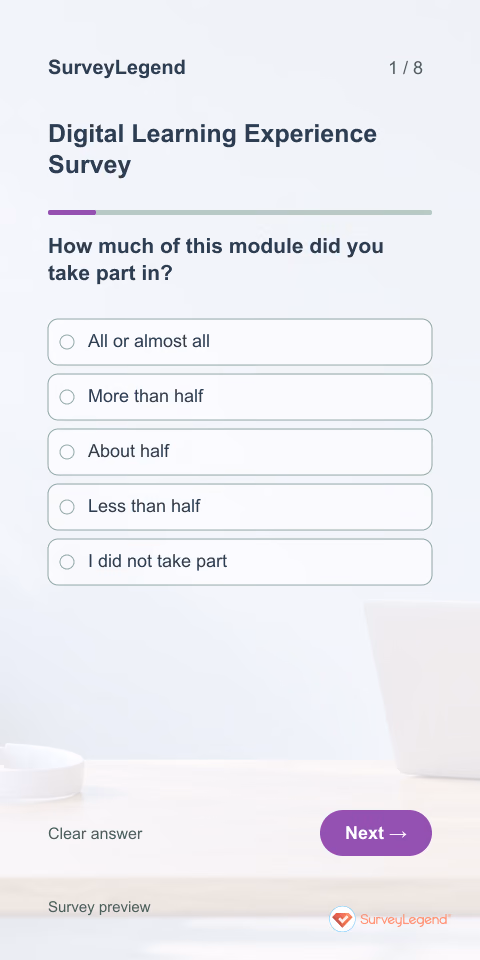 Digital Learning Experience Survey: first question and response field, mobile preview
