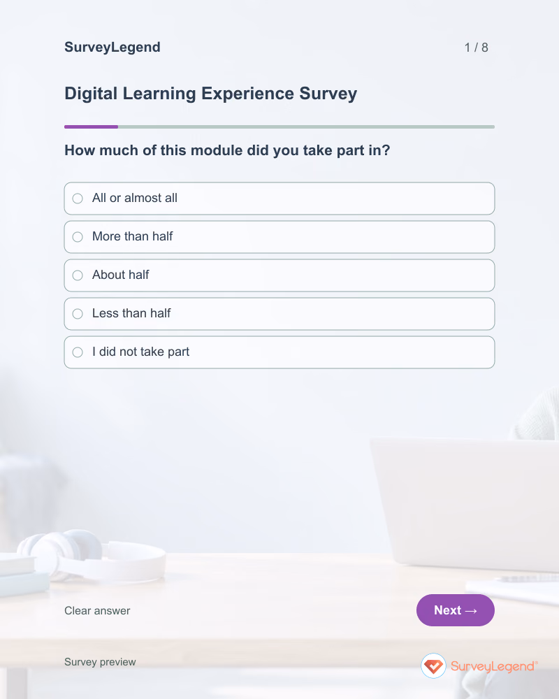Digital Learning Experience Survey: first question and response field, tablet preview