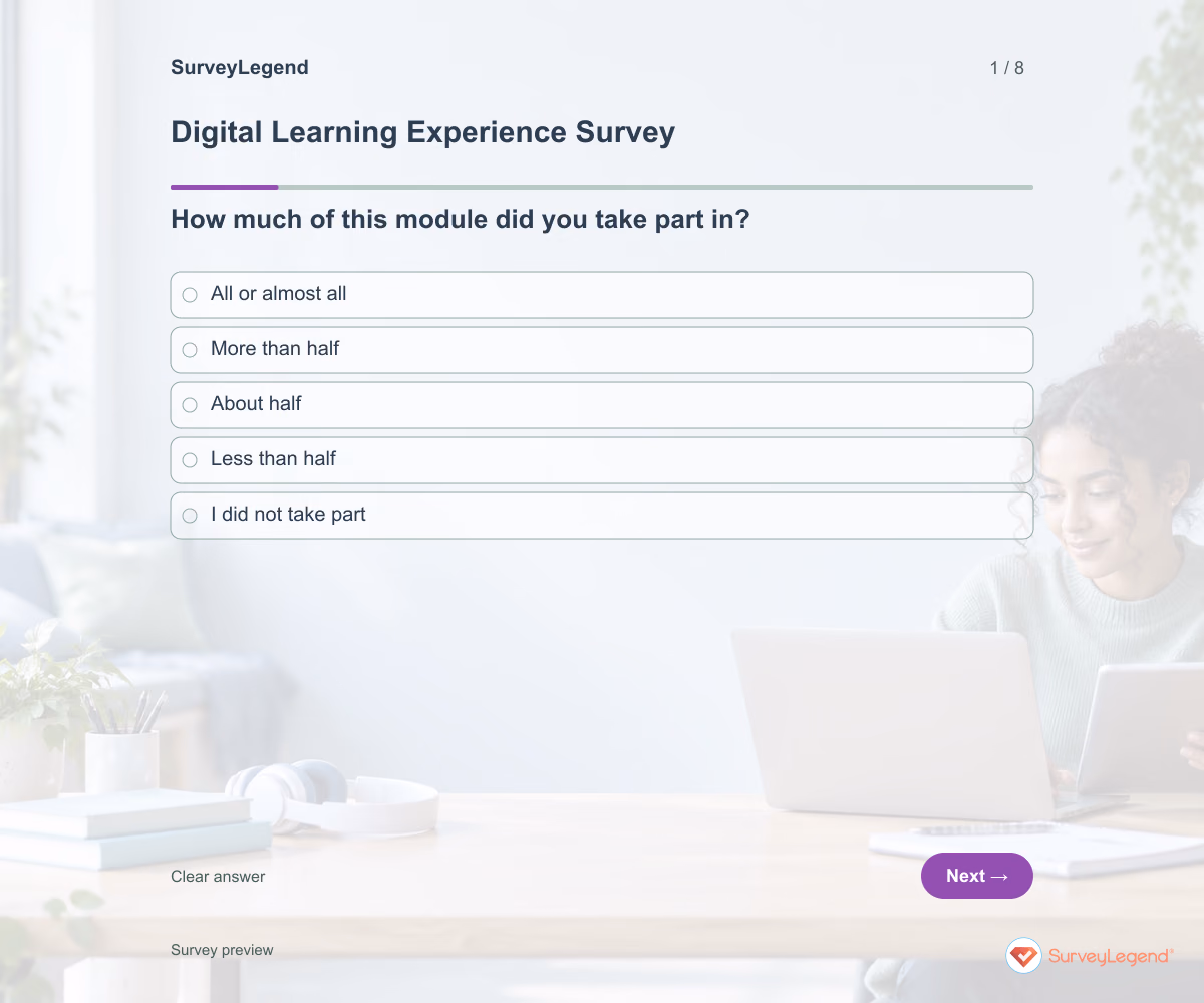 Preview of the Digital Learning Experience Survey demo showing its first question and answer choices