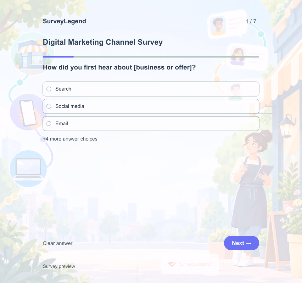 Preview of the Digital Marketing Channel Survey Template showing its first question and answer choices