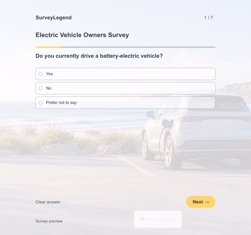 Preview of the Electric Vehicle Owners Survey Template showing its first question and answer choices
