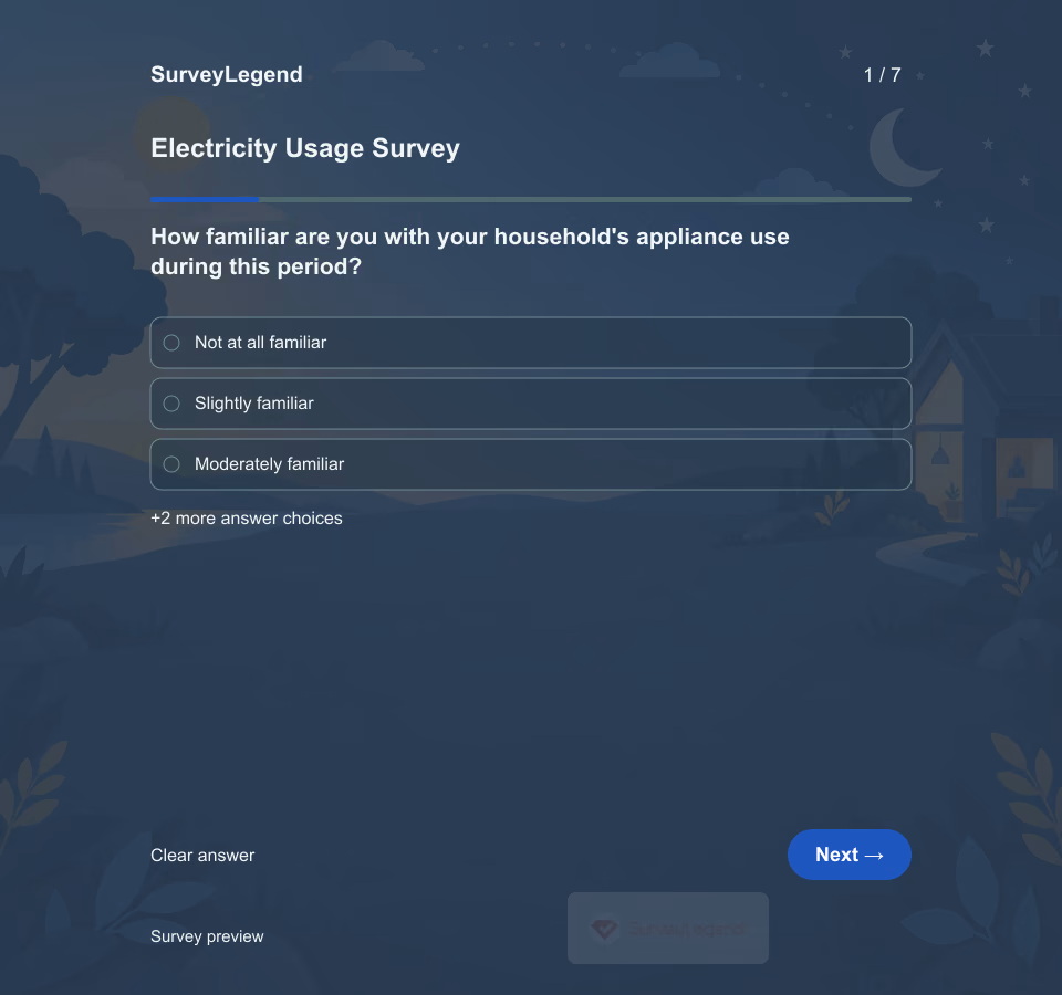 Preview of the Electricity Usage Survey Template showing its first question and answer choices