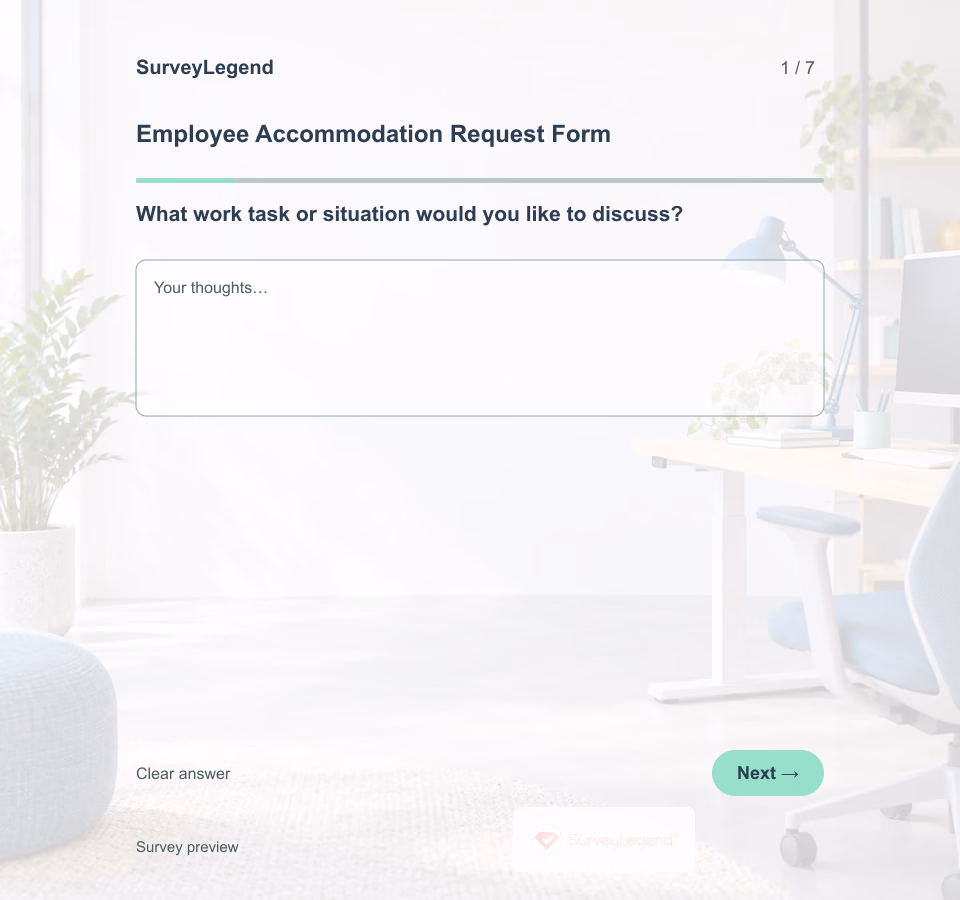 Preview of the Employee Accommodation Request Form Template showing its first question and answer choices