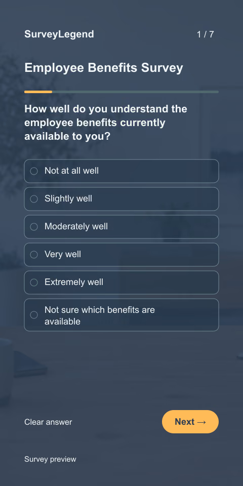 Employee Benefits Survey: first question and response field, mobile preview