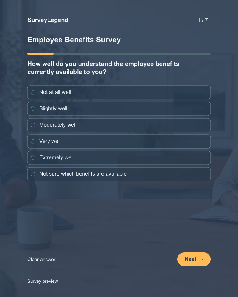 Employee Benefits Survey: first question and response field, tablet preview