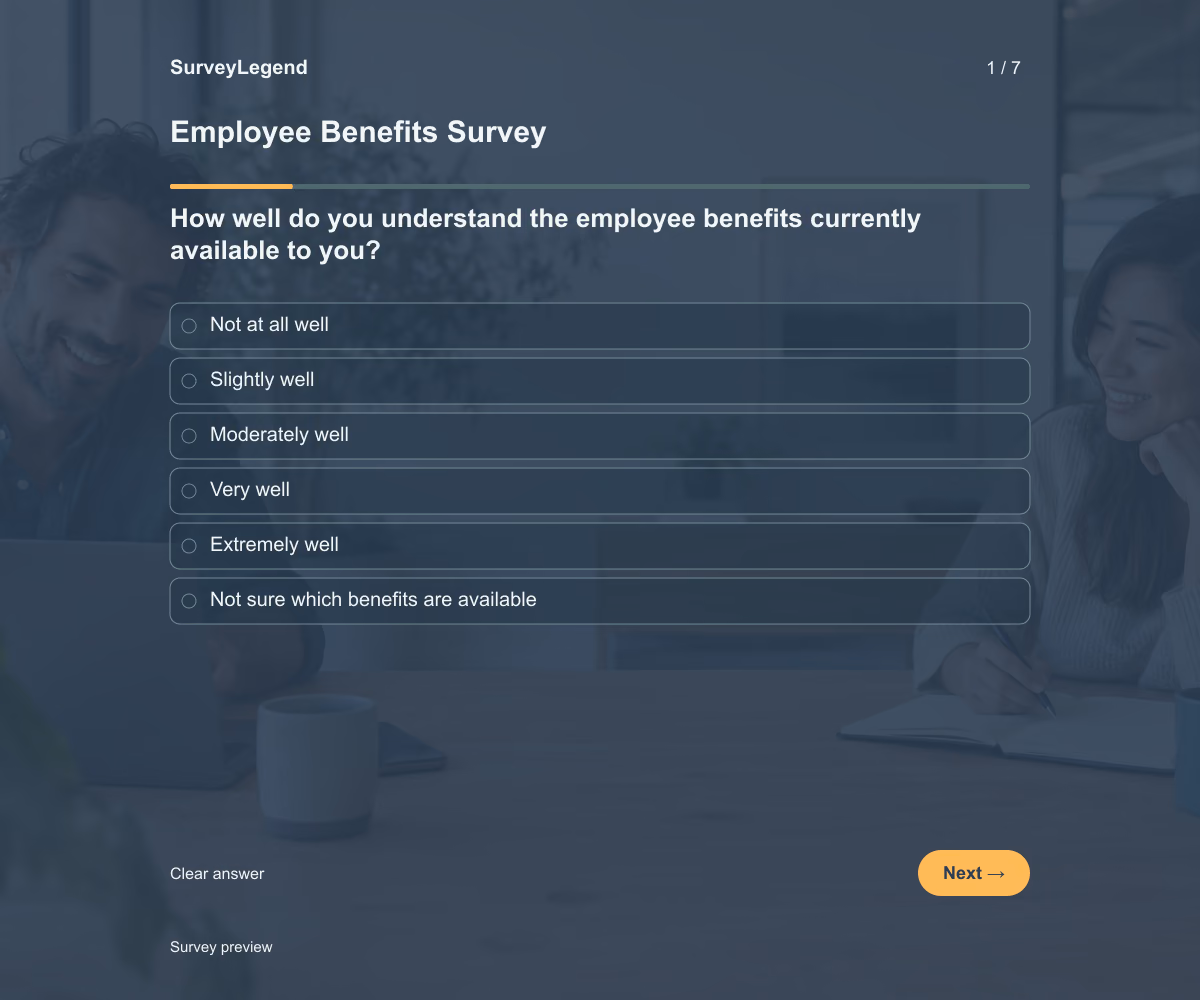Preview of the Employee Benefits Survey demo showing its first question and response field