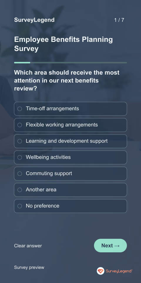Employee Benefits Planning Survey: first question and response field, mobile preview