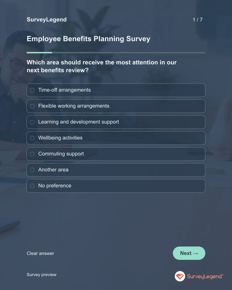 Employee Benefits Planning Survey: first question and response field, tablet preview