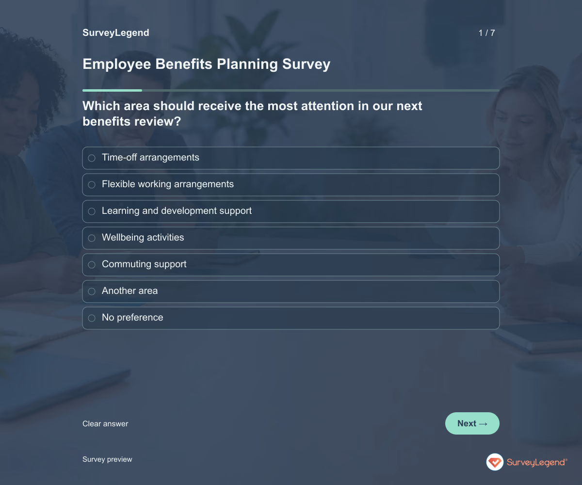 Preview of the Employee Benefits Planning Survey demo showing its first question and answer choices