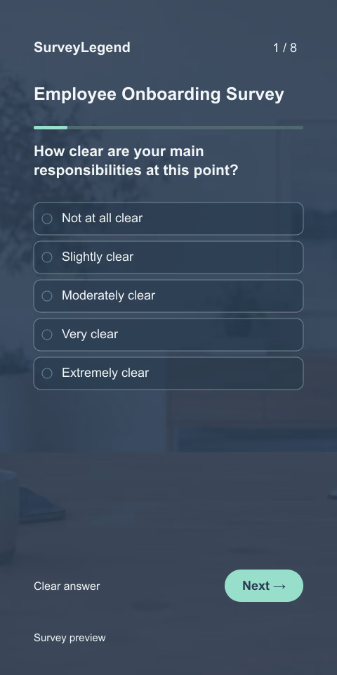 Employee Onboarding Survey: first question and response field, mobile preview
