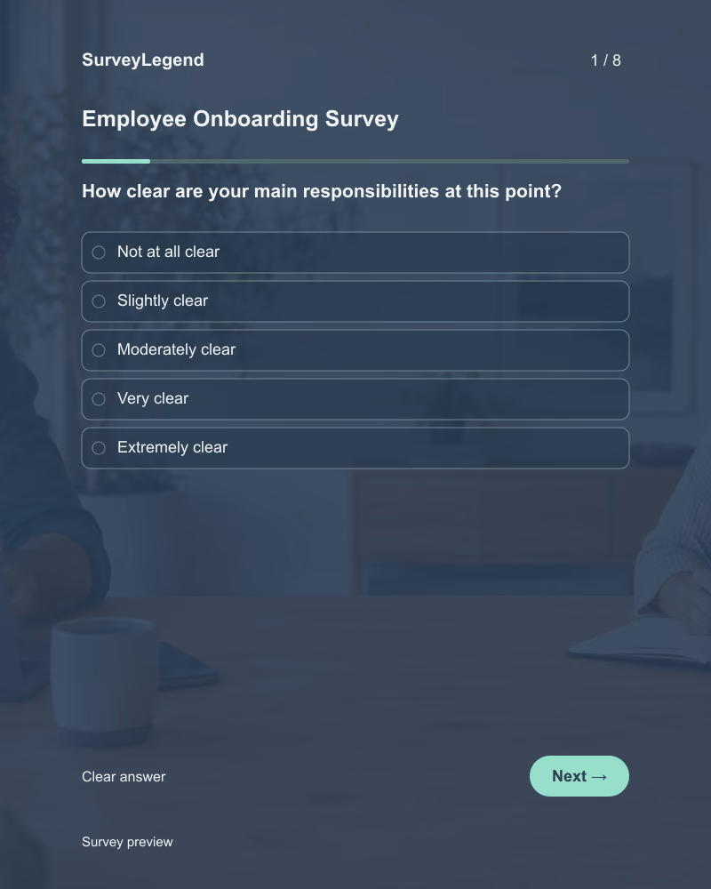 Employee Onboarding Survey: first question and response field, tablet preview
