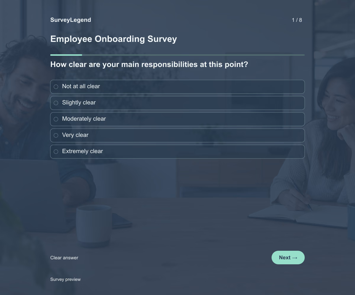 Preview of the Employee Onboarding Survey demo showing its first question and answer options