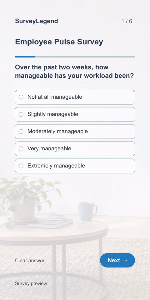 Employee Pulse Survey: first question and response field, mobile preview