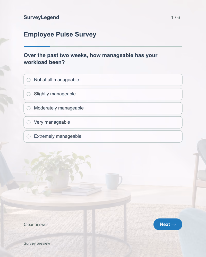 Employee Pulse Survey: first question and response field, tablet preview