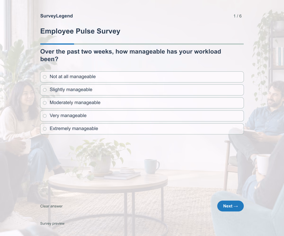 Preview of the Employee Pulse Survey demo showing its first question and answer options