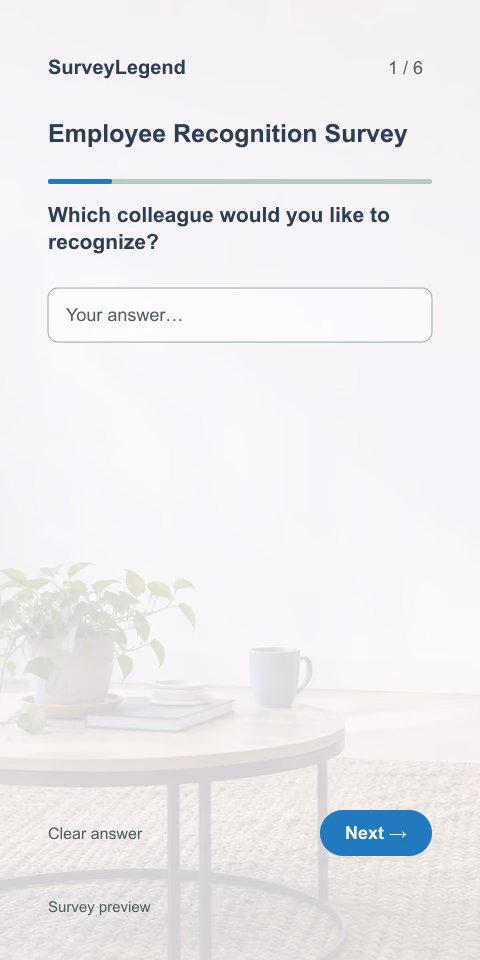 Employee Recognition Survey: first question and response field, mobile preview