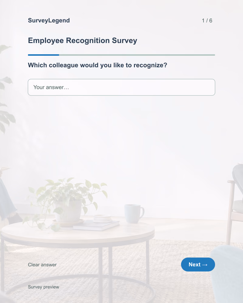 Employee Recognition Survey: first question and response field, tablet preview
