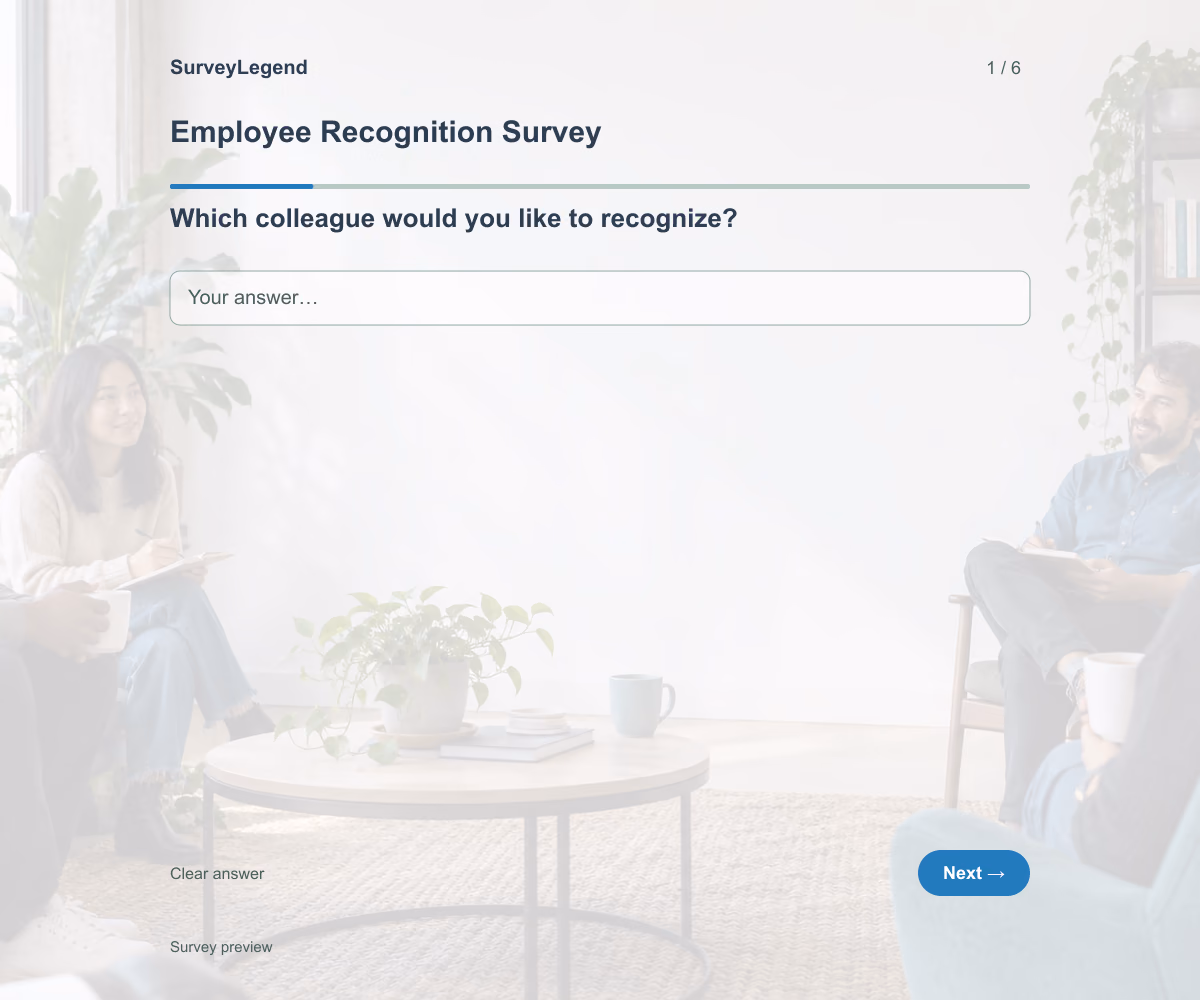 Preview of the Employee Recognition Survey demo showing its first question and response field